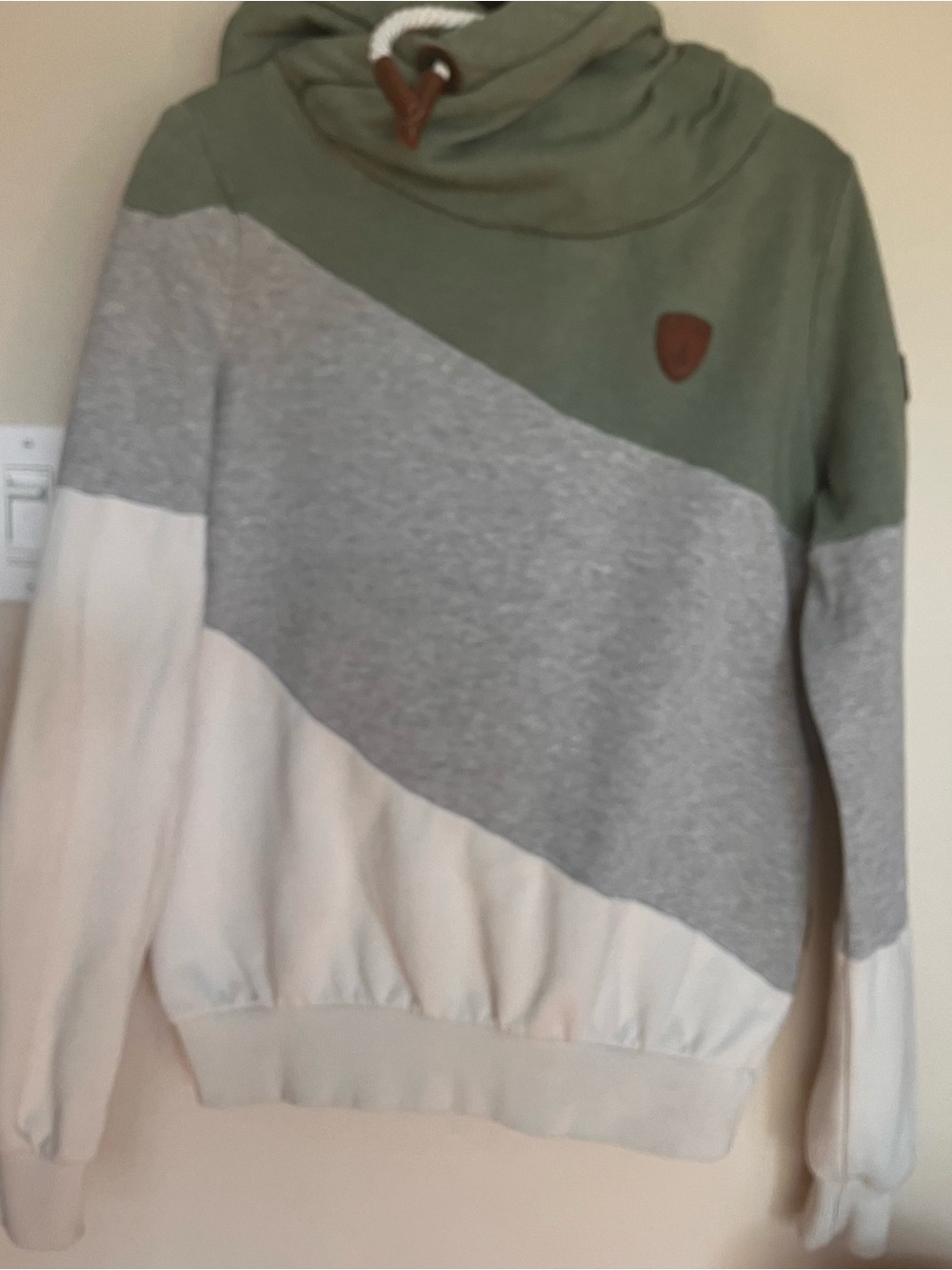 Wanakome Olive, Gray & Cream Funnel Neck Colorblock Sweater Cottagecore cozy